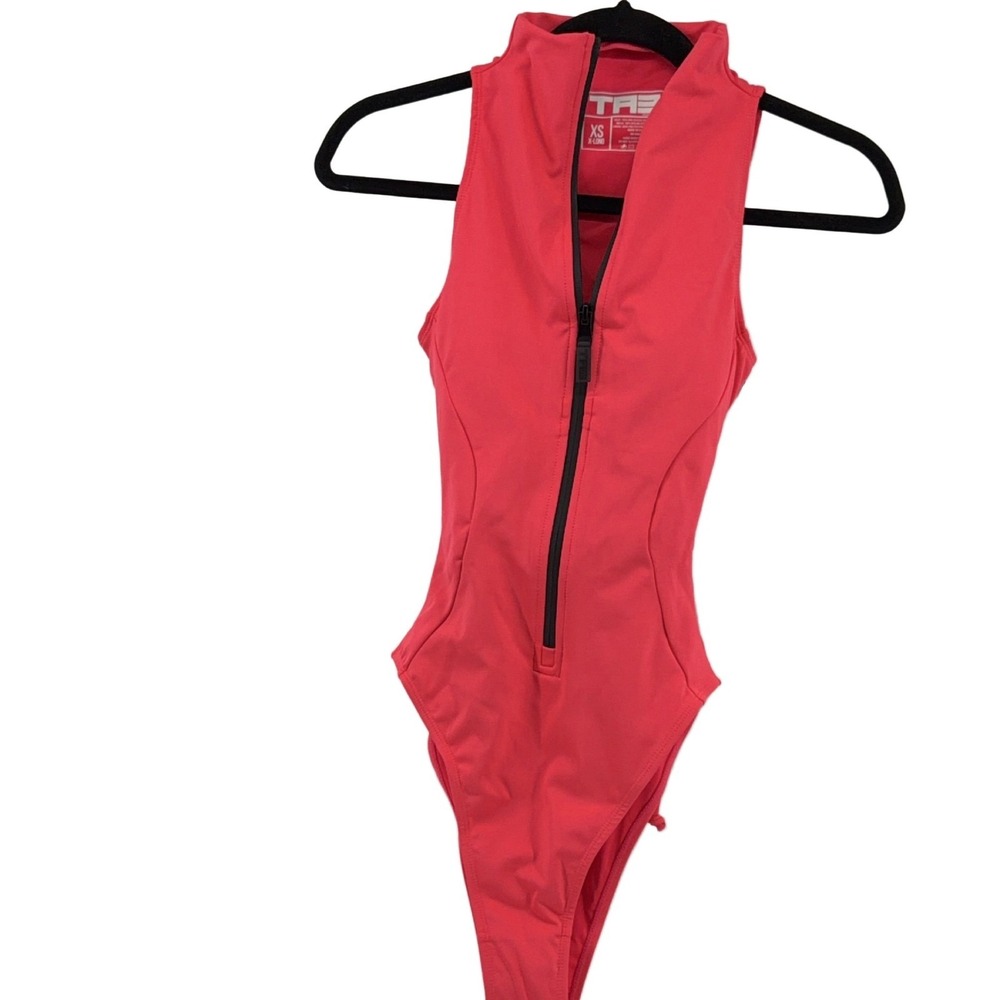 TA3 Women's Hot Coral Sleeveless Surfy Zip Front One Piece‎ Swimsuit XS Xlong